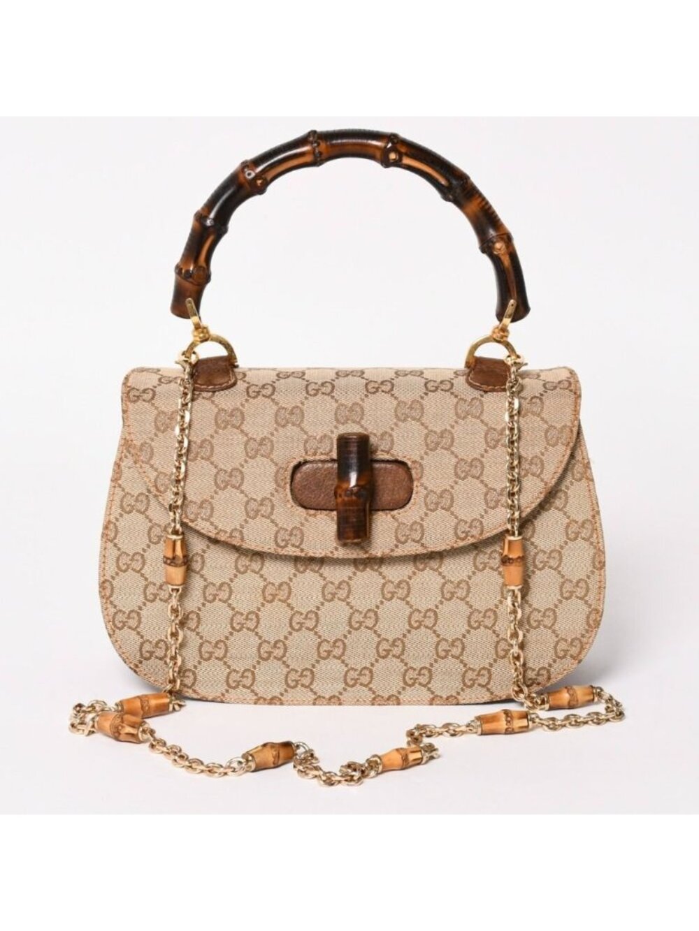 Gucci Bamboo Vintage Shoulder Bag GG Canvas Brown Beige Turnlock